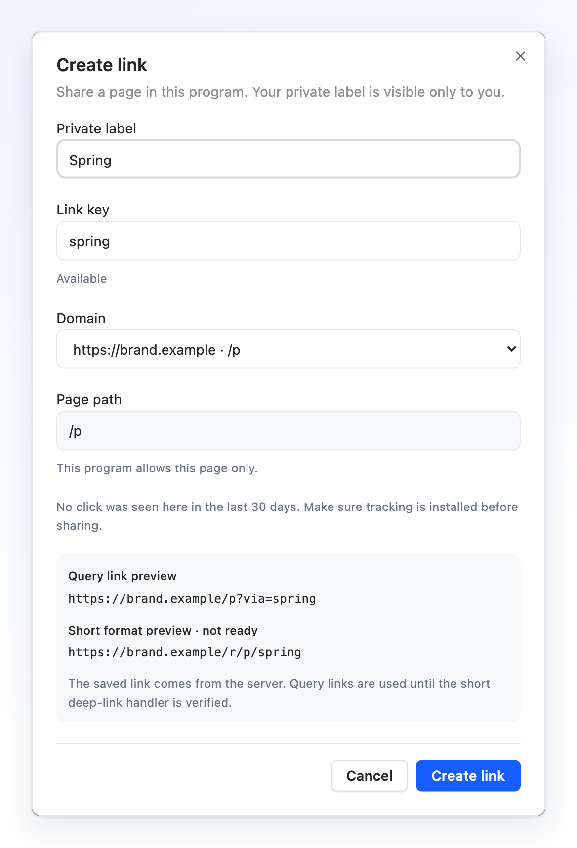 Partner page-link form with a locked allowed page and a query link preview