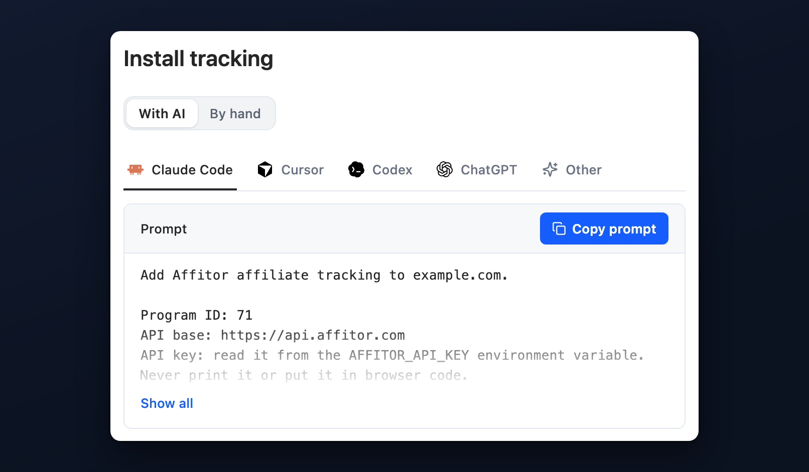 Install tracking on With AI: Claude Code, Cursor, Codex, ChatGPT and Other above a prompt with Program ID 71 and a Copy prompt button