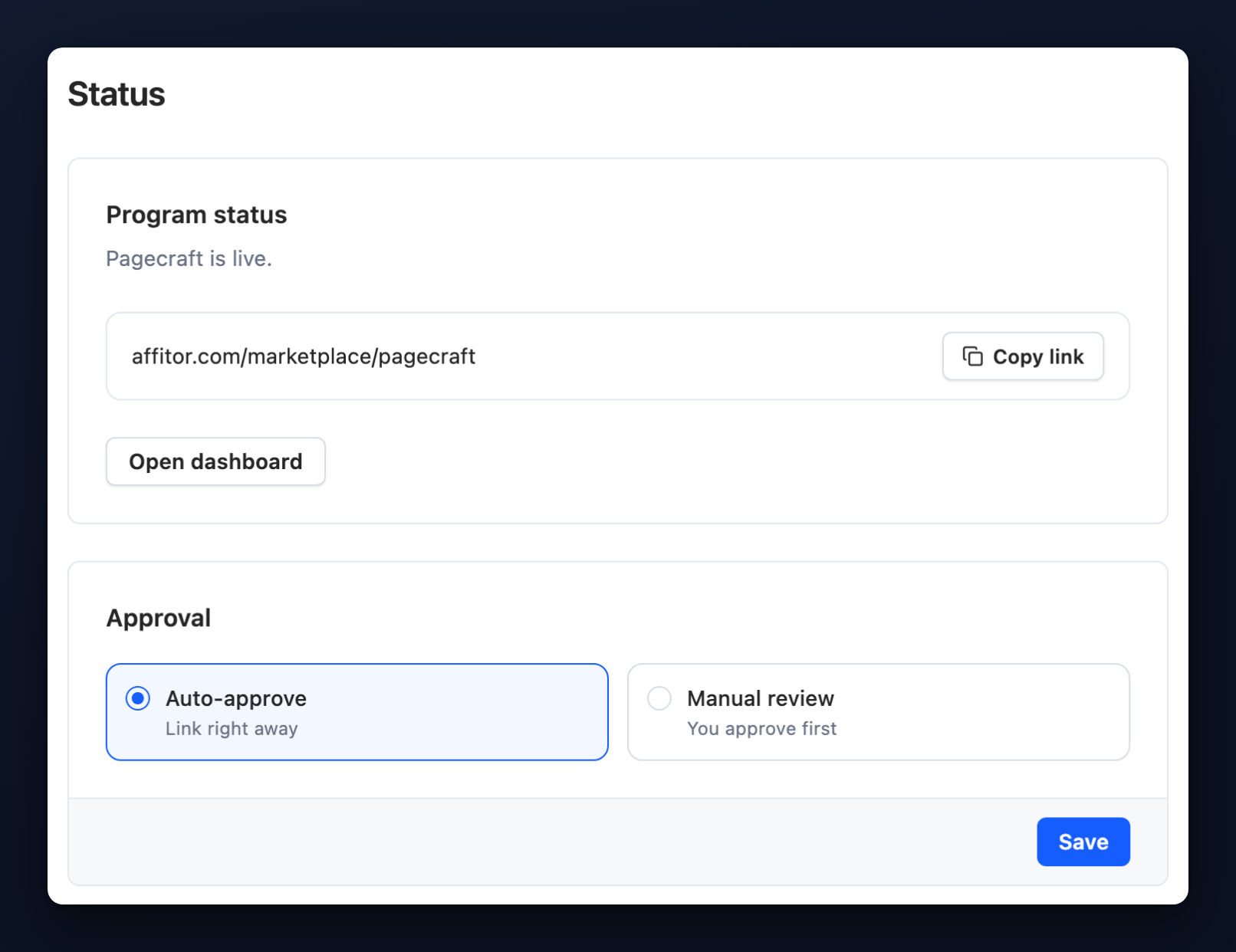 Program settings › Status with the Program status card and, below it, the Approval card: Auto-approve selected, Manual review, and the card's own Save