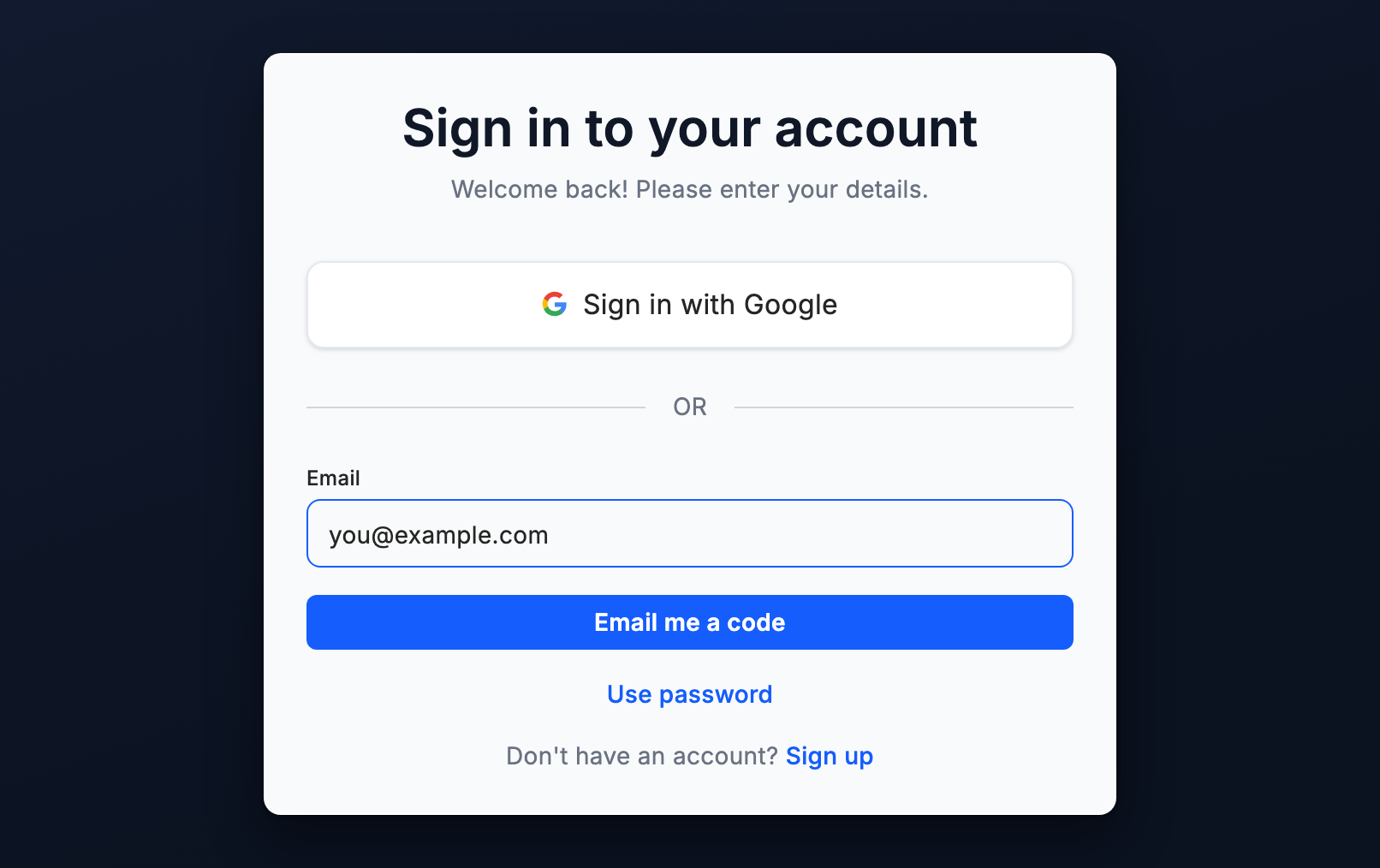 The Sign in to your account page with an email entered above the Email me a code button, and Use password below it