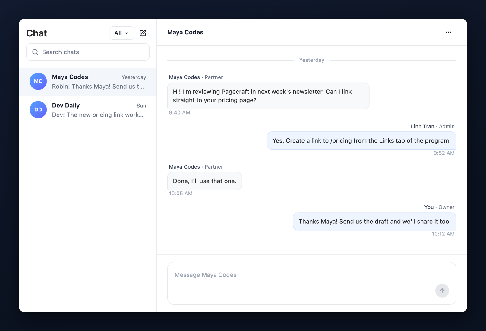 A partner chat on the brand side: Maya Codes · Partner on the left, Linh Tran · Admin and You · Owner on the right